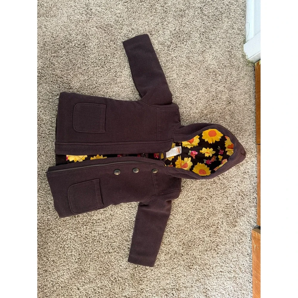 Gymboree Girls Brown Hooded Duffle Coat Sunflower Floral Lining 18-24M Toddler